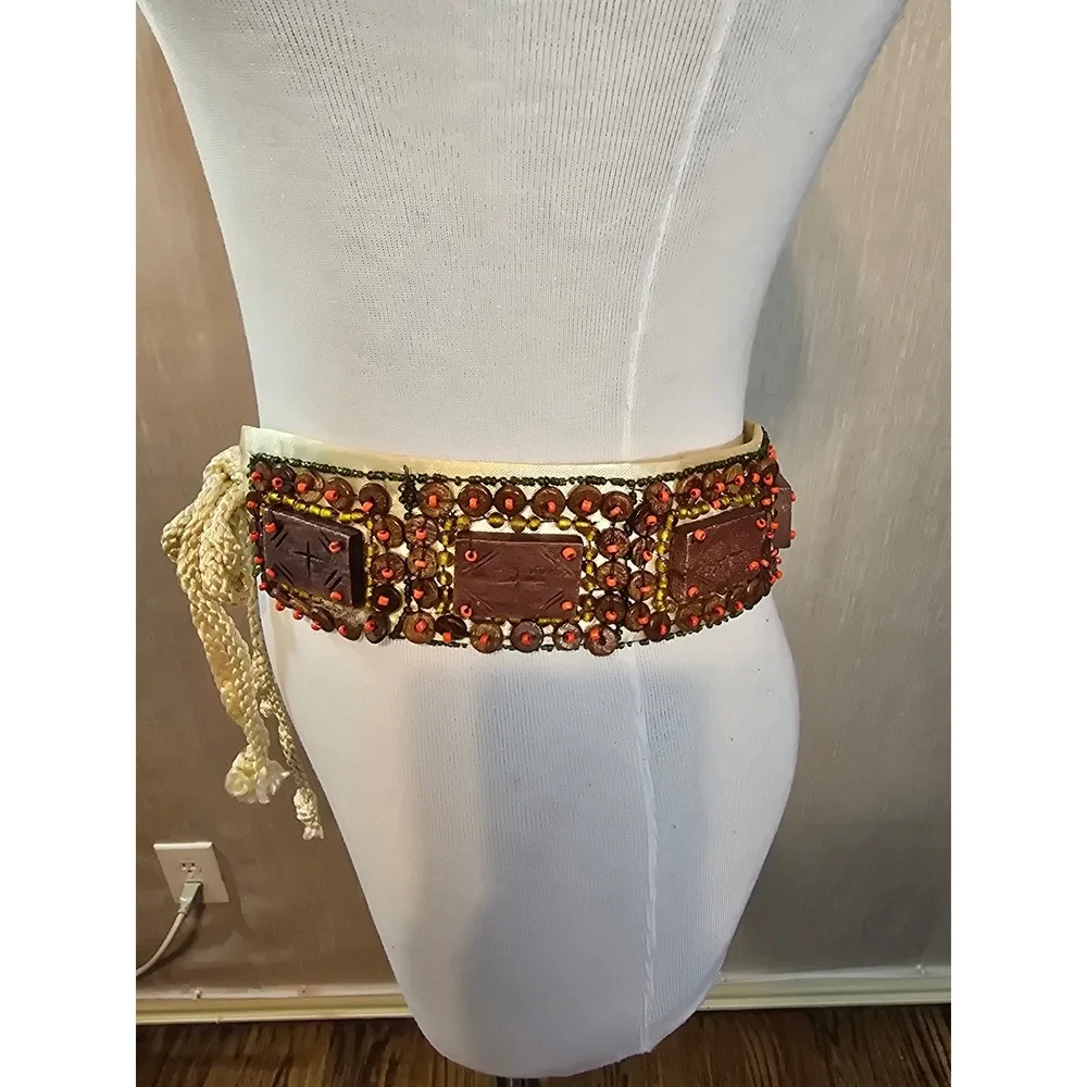 Boho‎ handmade Beaded Wood Square Accent Wide Waist Belt Tie Sash Women